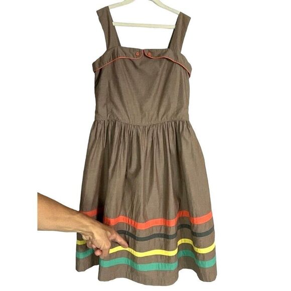 Mini Boden Girls' Brown Sleeveless Dress With Colorful Stripes 11-12Y Cotton - Picture 6 of 12